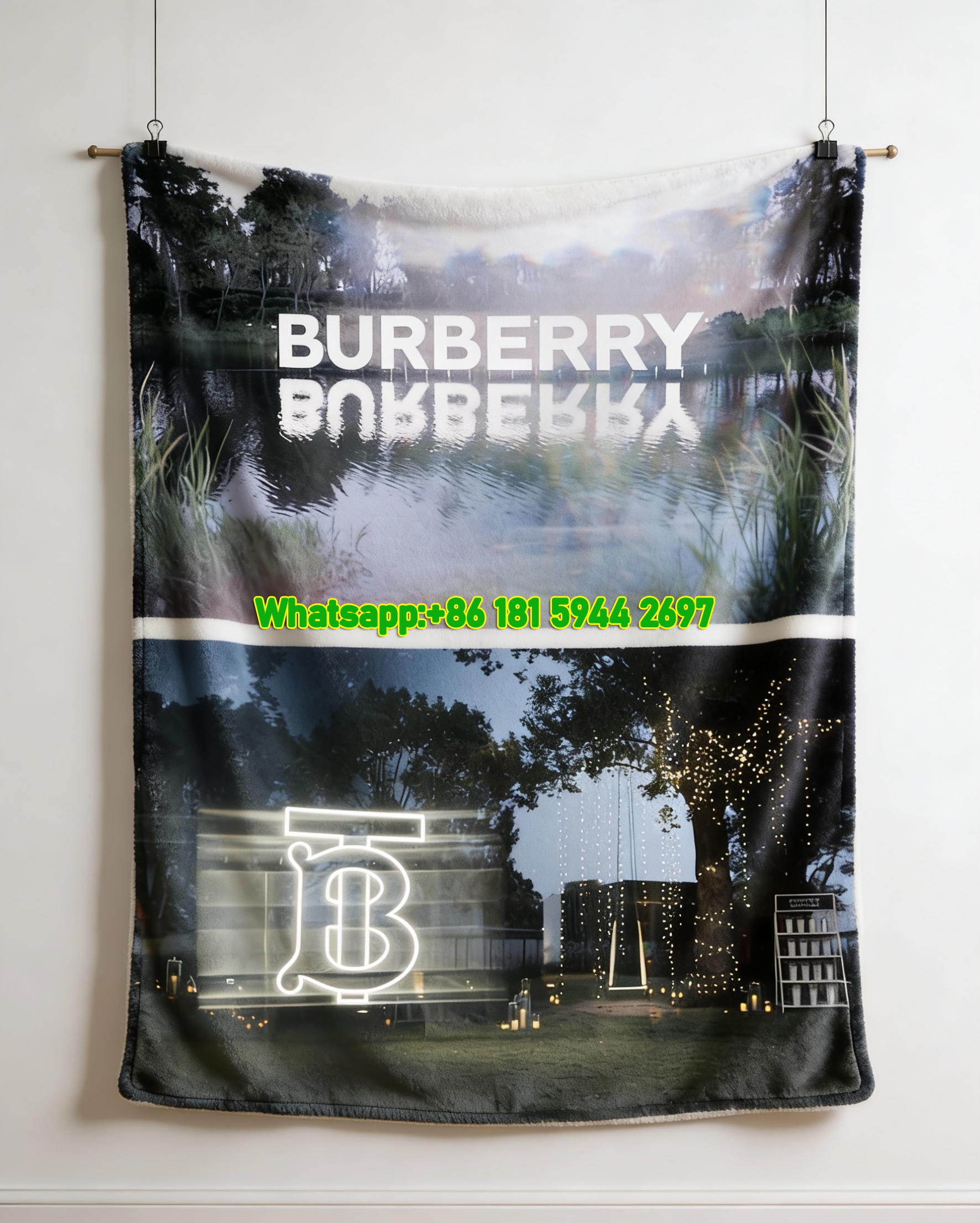 Burberry TB Monogram Outdoor Scene Flannel Sofa Throw Blanket B190